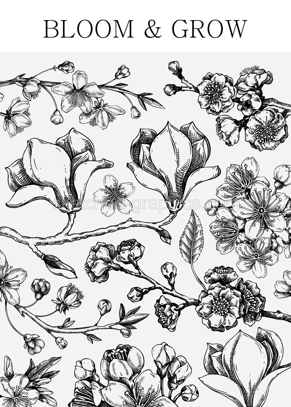Spring greeting card. Blooming branches sketches. Hand-drawn botanical illustration. Floral vector design. NOT AI genereted Illustration